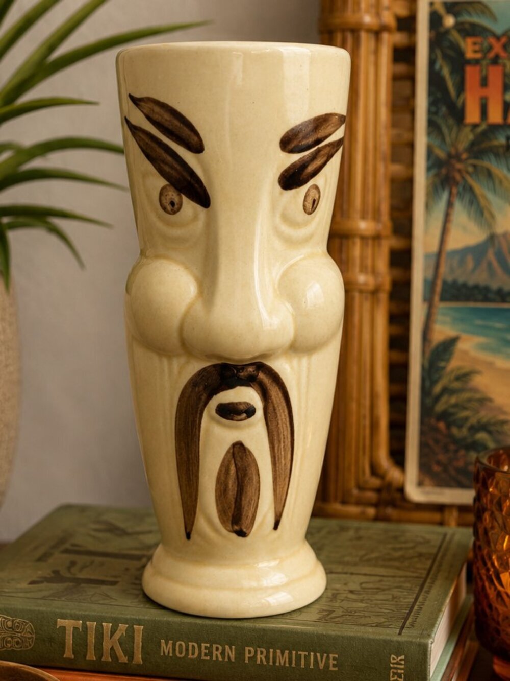 Vintage Mid-Century Tiki Face Ceramic Vase/Mug–Fu Manchu Design – Made in China